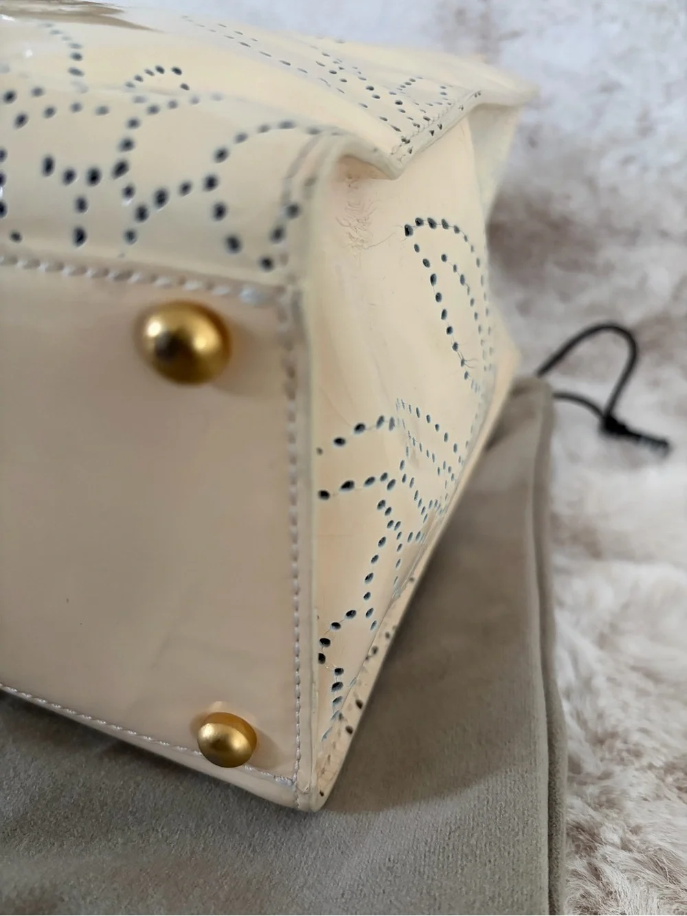 Chanel Small Beige Patent Leather Floral Perforated Tote